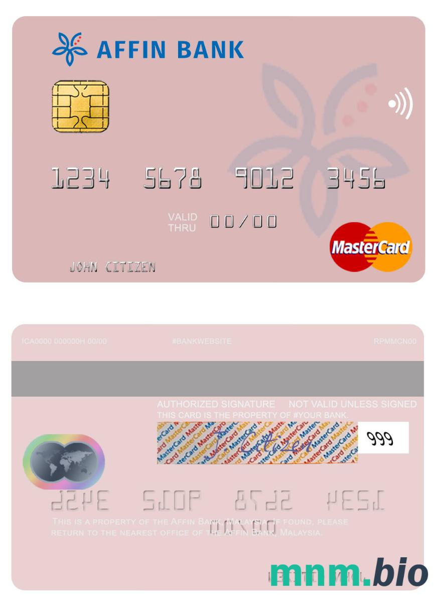 Malaysia Affin Bank przykład karty mastercard w formacie PSD